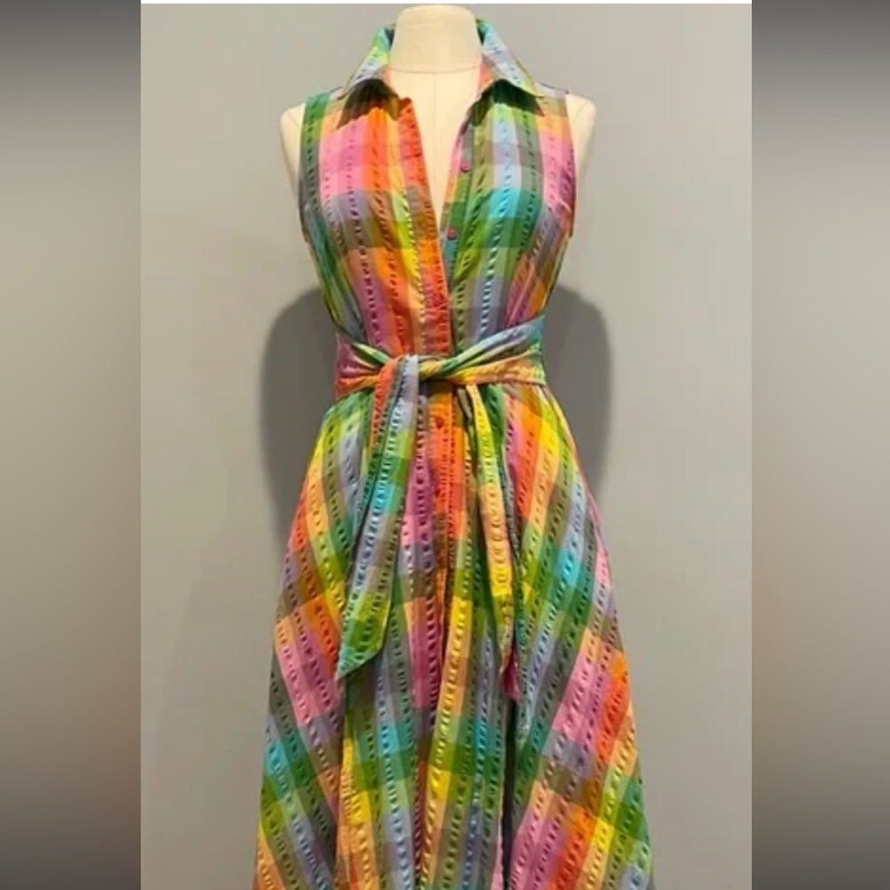 CHARTER CLUB Cotton Rainbow-Plaid Sleeveless Dress, Size S
